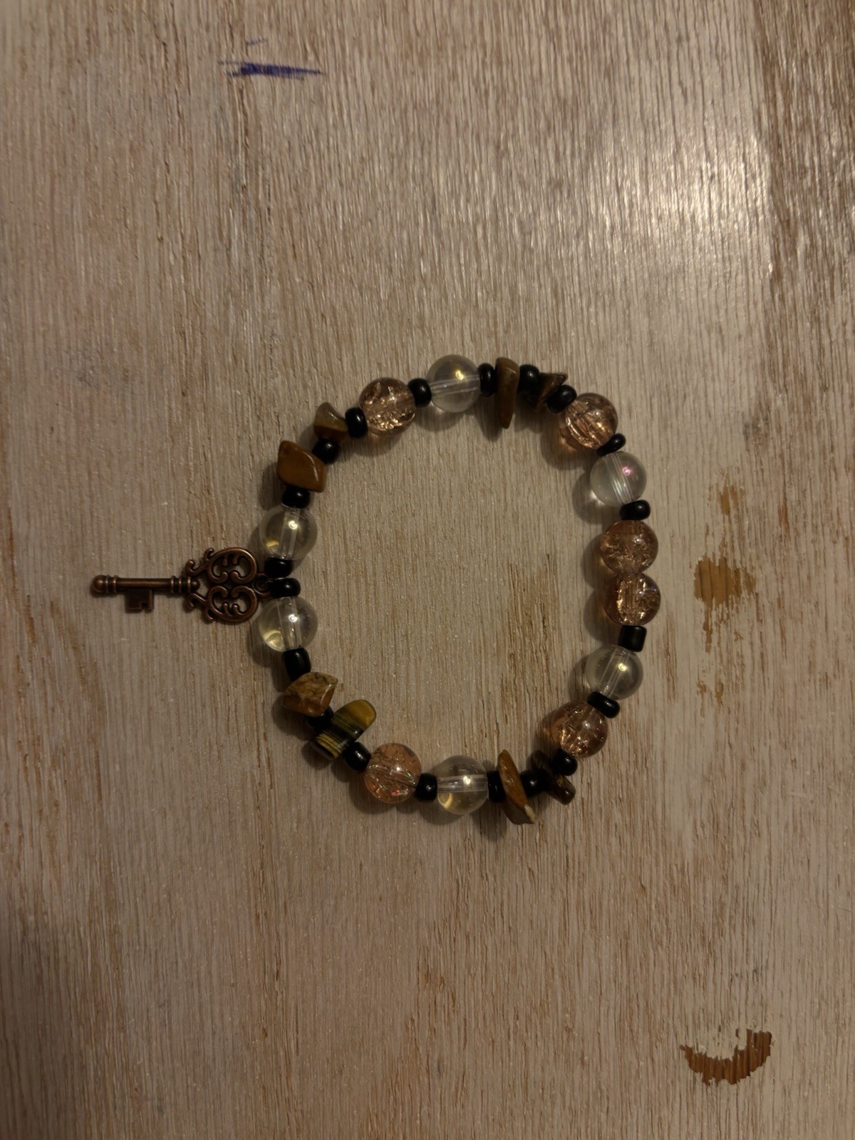 Key Charm Beaded Bracelet, Clear and Brown Round and Stone Beads, 8 in