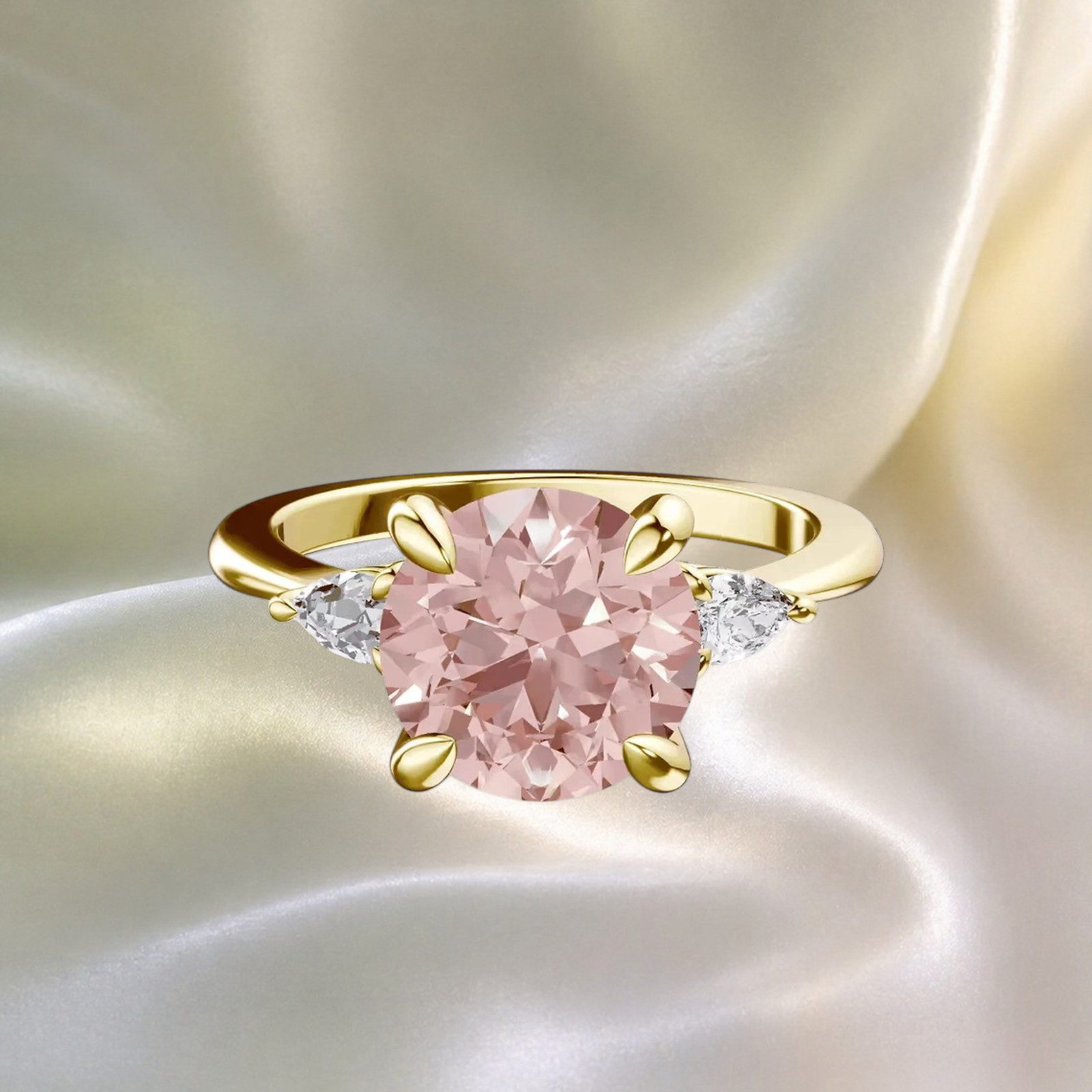 Round Cut 3.70 Ct IGI Lab Created Diamond Ring 14k Yellow Gold Fancy Vivid Pink