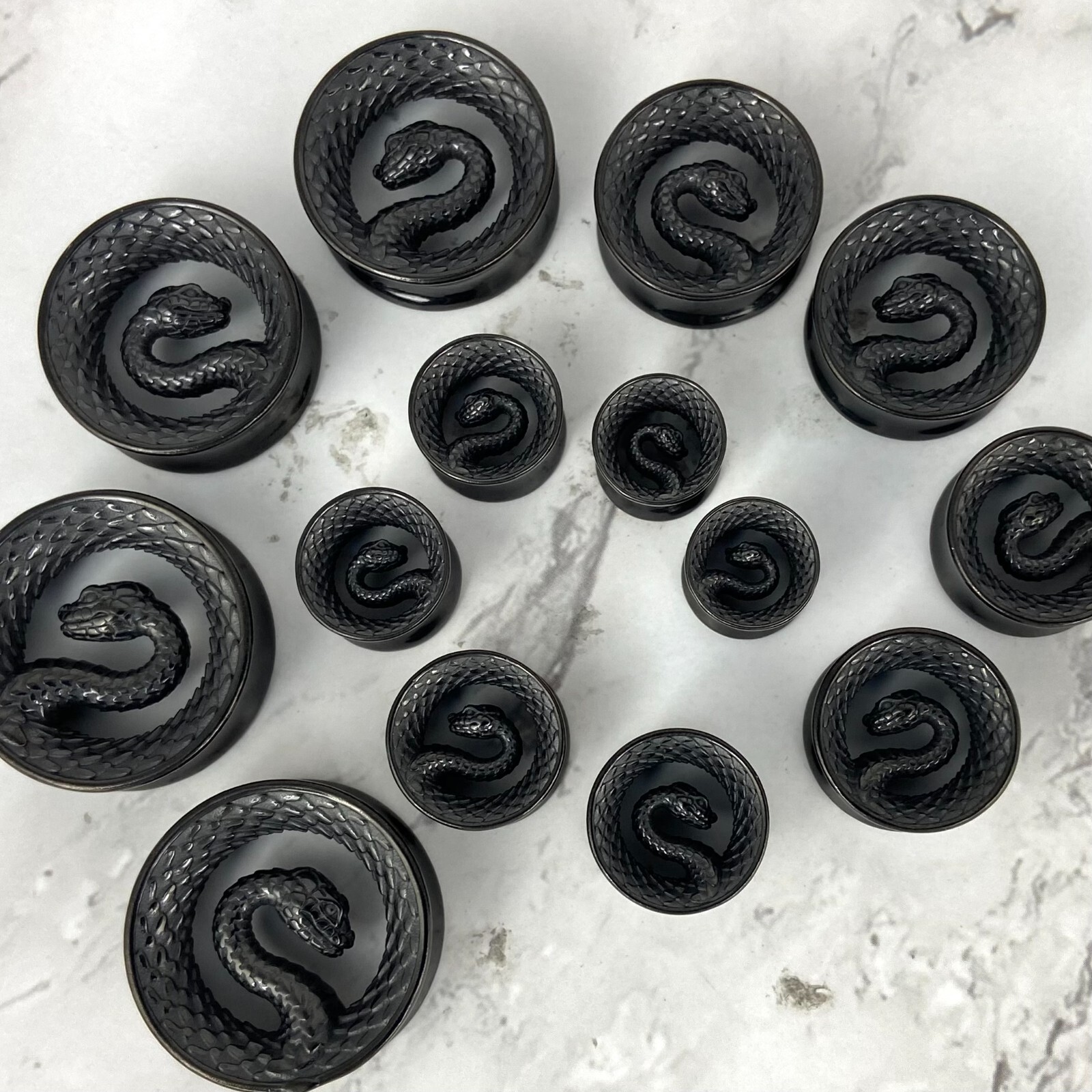 Pair of 316L Black Steel Snake Double Flare Tunnels (PS-292, BLACK) gauges plugs