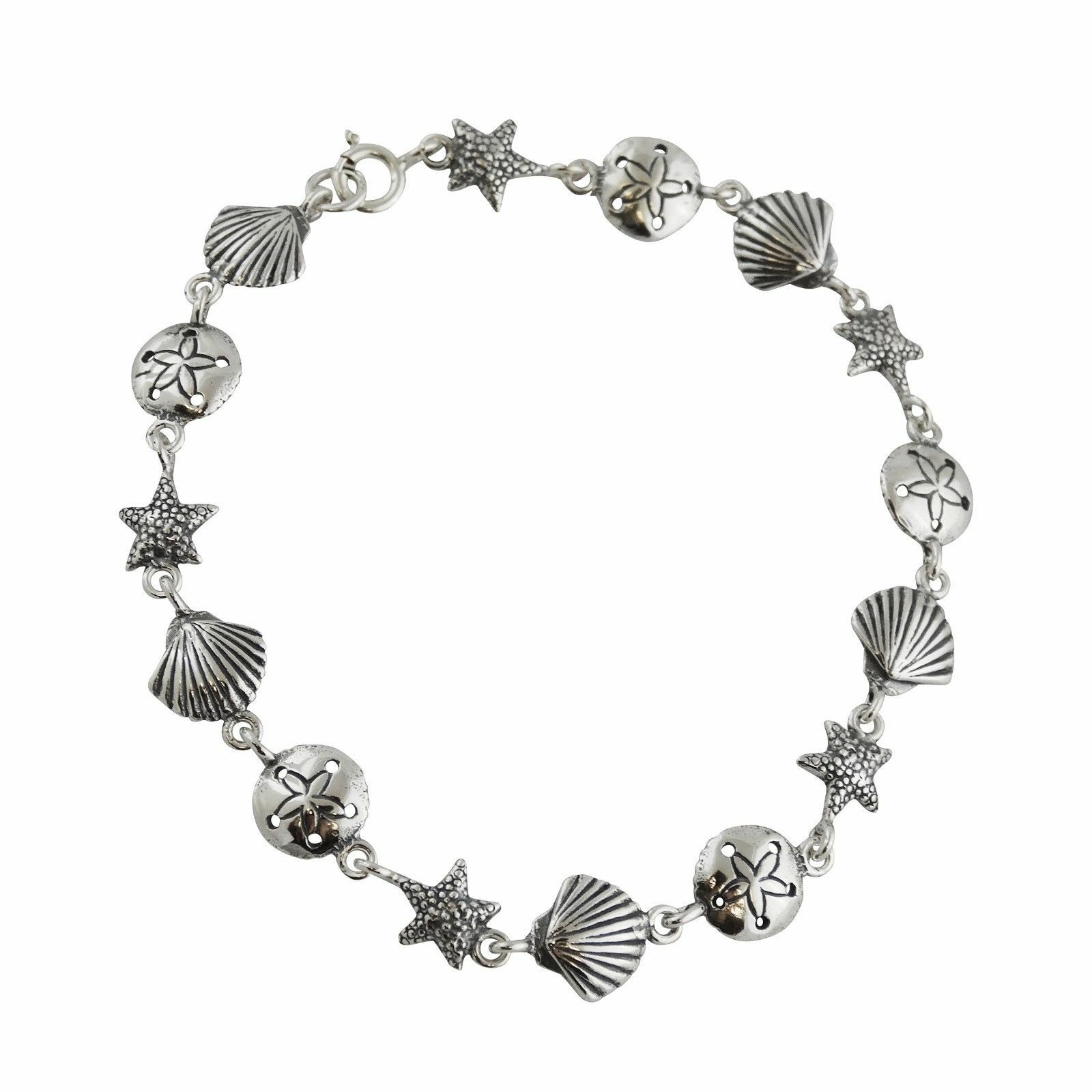 Ocean Beach Bracelet – 925 Sterling Silver – Sea Sand Dollar Starfish Seashell