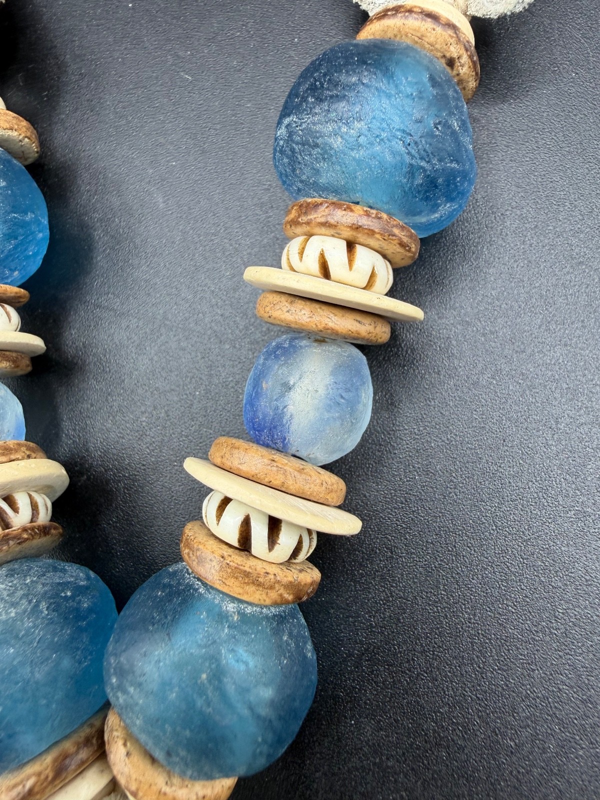 Twine & Twig Large Cone Shell & Blue African Glass Bead Suede Statement Necklace