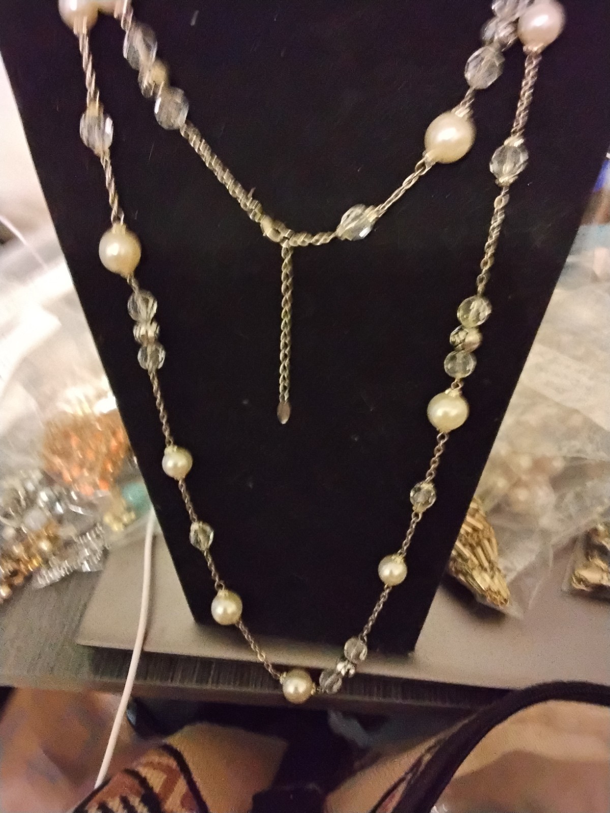Silver Tone Rope Chain Beaded Necklace – White Pearl & Clear Crystal, Adjustable
