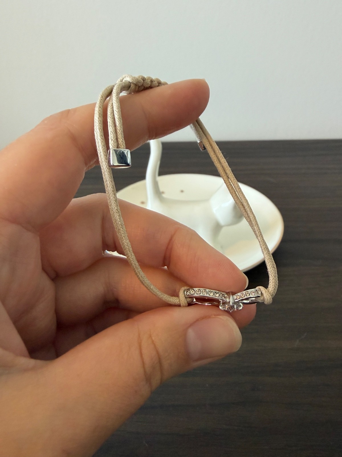 Swarovski Infinity Bracelet Beige Rope Cord Crystal Adjustable Rhodium Plated