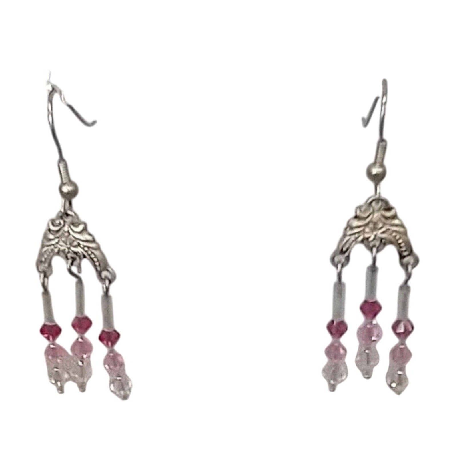 Chandelier Earrings Pink Clear Crystals Silver Tone Fishhook Ear Wires Handmade