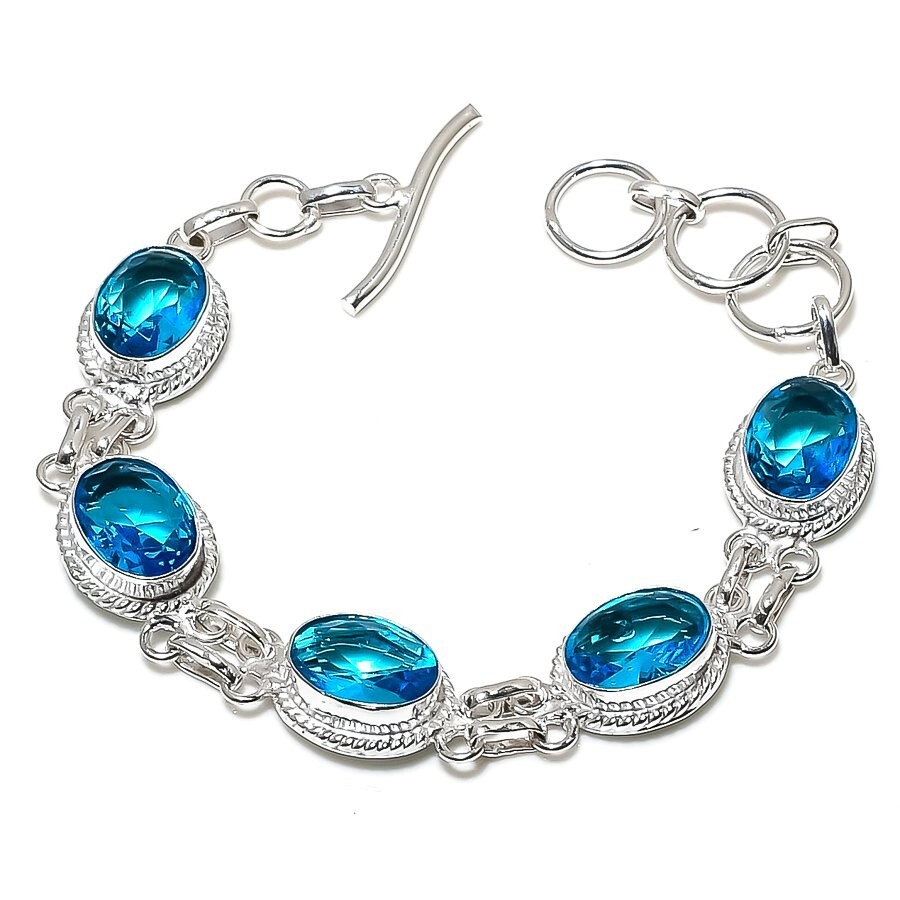 Swiss Blue Topaz Gemstone Handmade 925 Sterling Silver Jewelry Bracelet Sz 7-8″