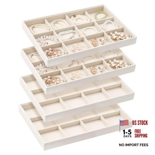 Cinnvoice 4 Pcs Stackable Jewelry Organizer Tray, 12 Grids Velvet Beige