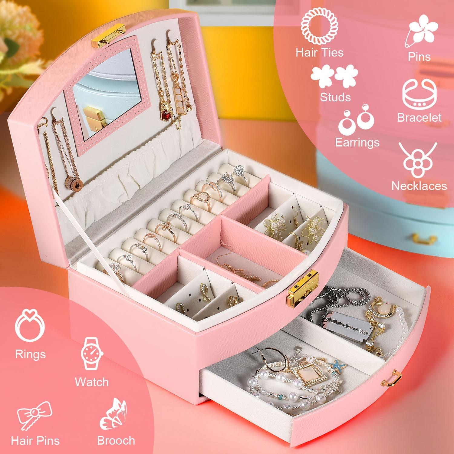 2-Layer Jewelry Box f/ Women Girls Lockable Lear Organizer Travel Case f/ Rings