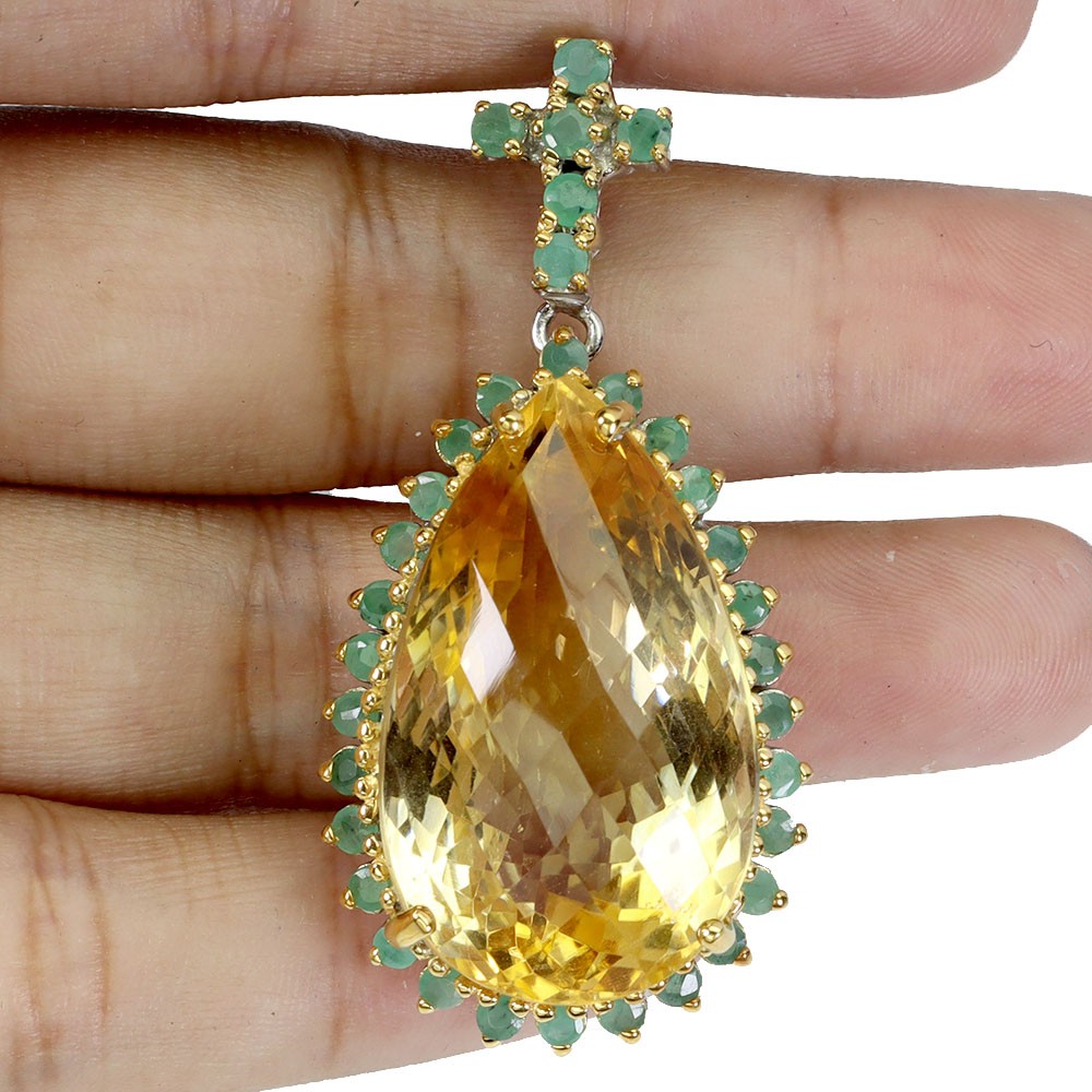 925 Sterling Silver Pendant Pear Citrine 49ct Emerald Handmade Gemstone Jewelry