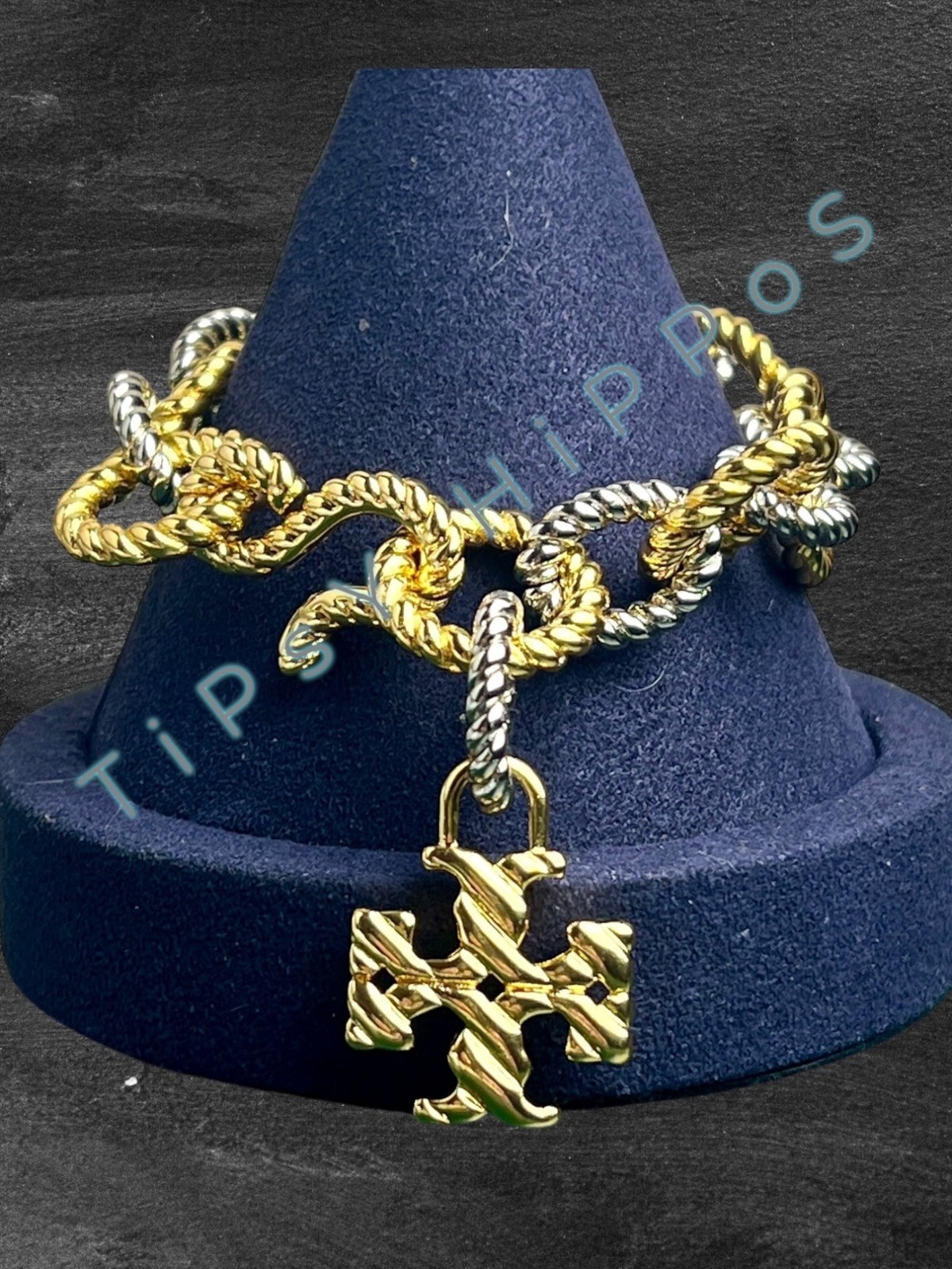 Tory Burch Gold & Silver Twist Rope Chain Bracelet With Logo Pendant In Gift Pou