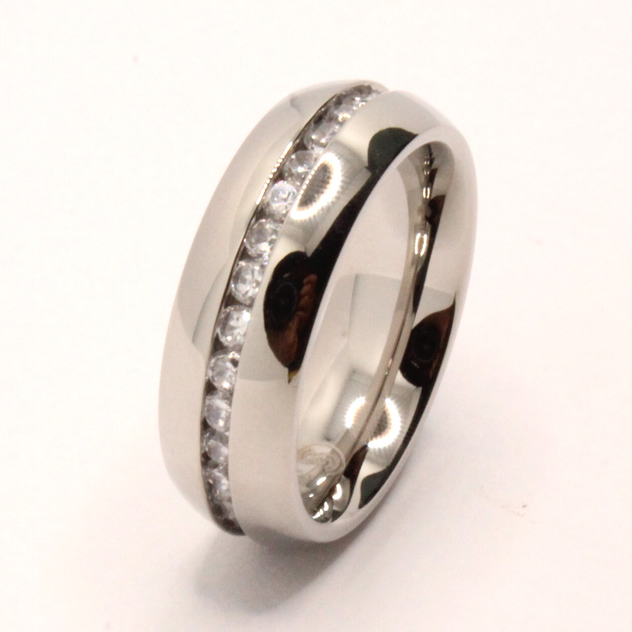 Stainless Steel Plain High Polished Domed 2mm CZ Eternity Wedding Band Ring 7mm