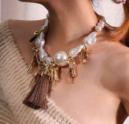 Layered Beaded Necklace Statement Big White Pearl Beads Tassel Strand Layers
