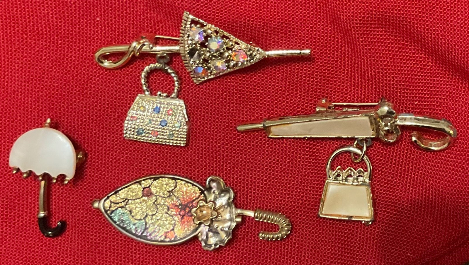Umbrella brooch /PINS Victorian style Parasols Rinestones Lot of 4