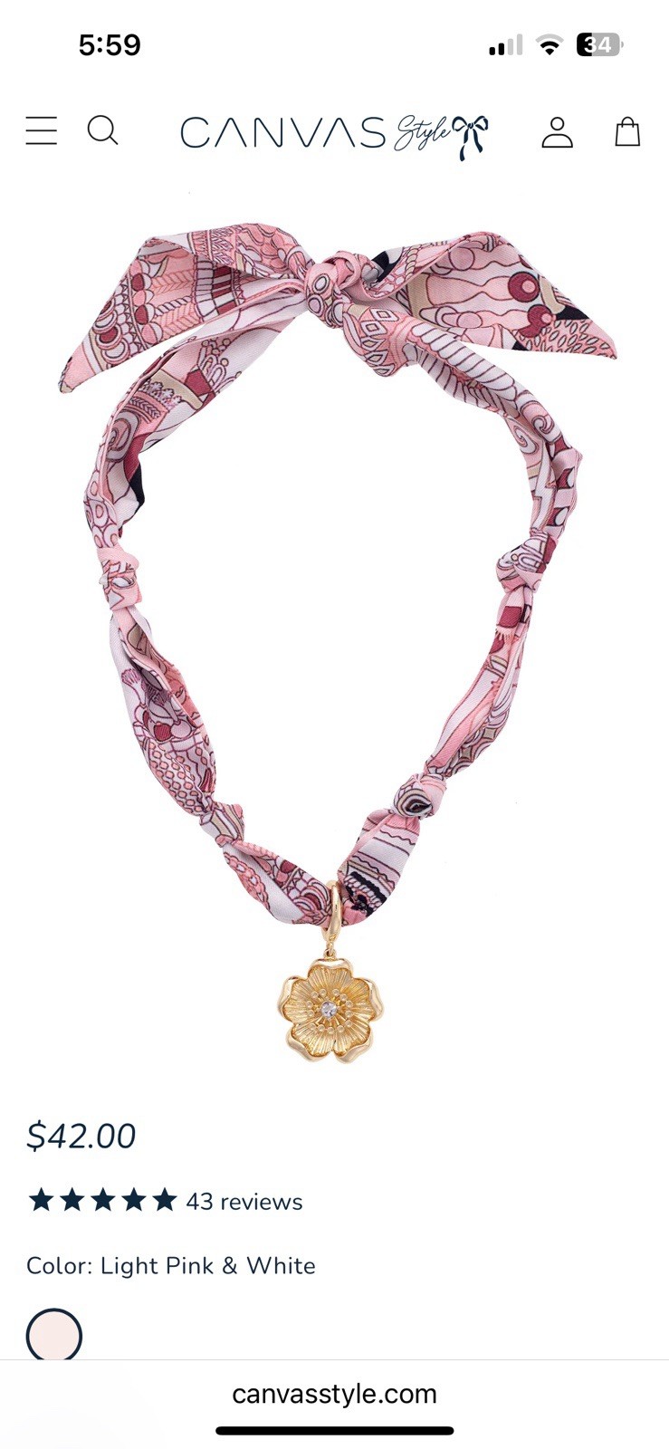 Allegro Flower Blossom Scarf Necklace by Canvas Style in Light Pink & White NWT!