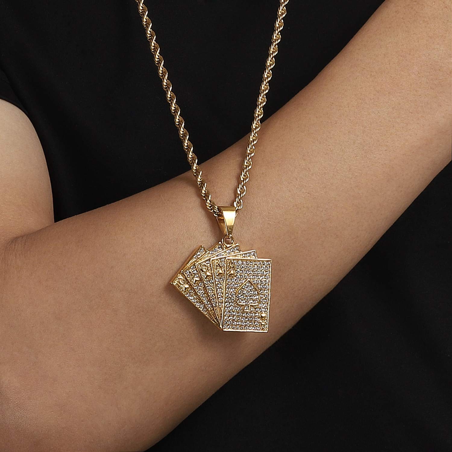 ROWIN&CO Hip Hop Poker Card Necklace Men Women Cubic Zirconia Gold Faux Diamo…