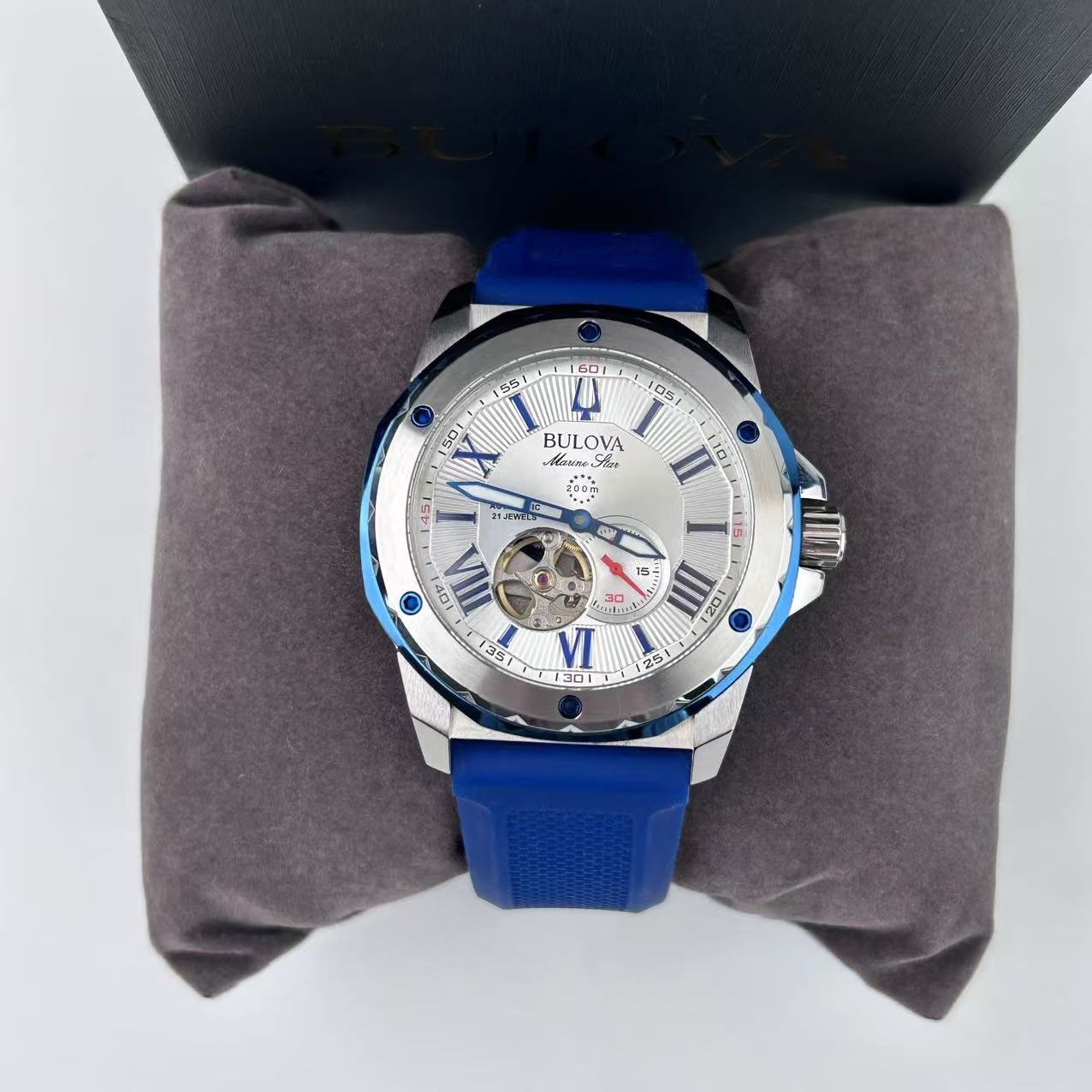 New Bulova Marine Star White Dial Blue Rubber Strap Men’s Automatic Watch 98A225