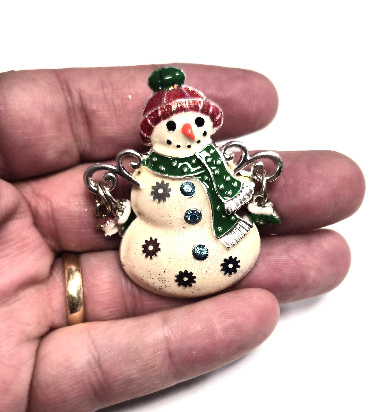 Vintage 90’s Christmas Rhinestone & Enamel Snowman Holding Charms Pin / Brooch