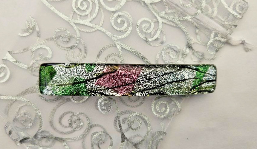 Fused Silver,Green,Black Handcrafted Dichroic Glass Genuine French Hair Barrette