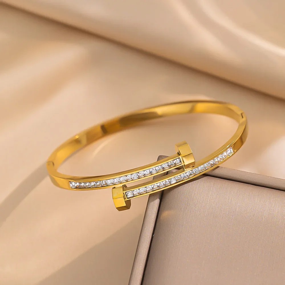 14k Yellow Gold plated Open Nail Bolt Trendy Bracelet AAA quality cubic zirconia