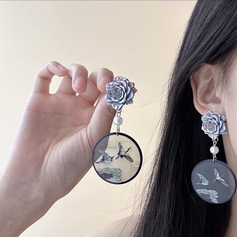 New Blue Rose Crane Earrings Chinese Earrings for Women