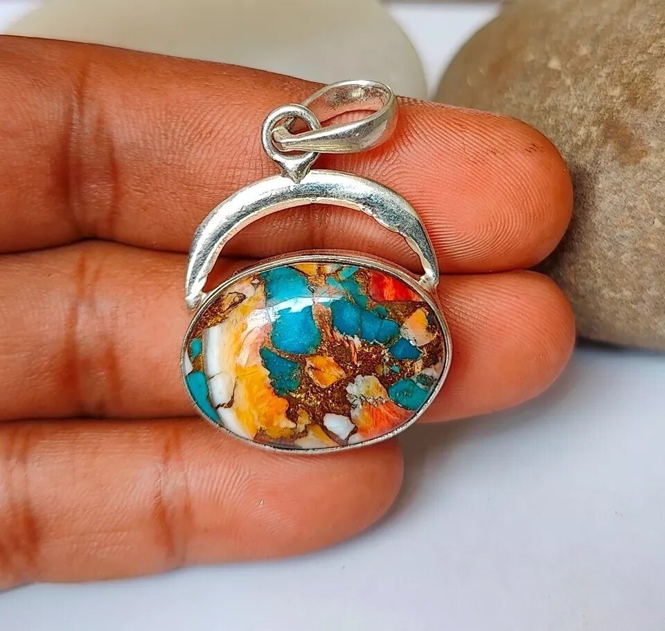 Oyster Copper Turquoise Pendant Solid 925 Sterling Silver Wonderful Pendant