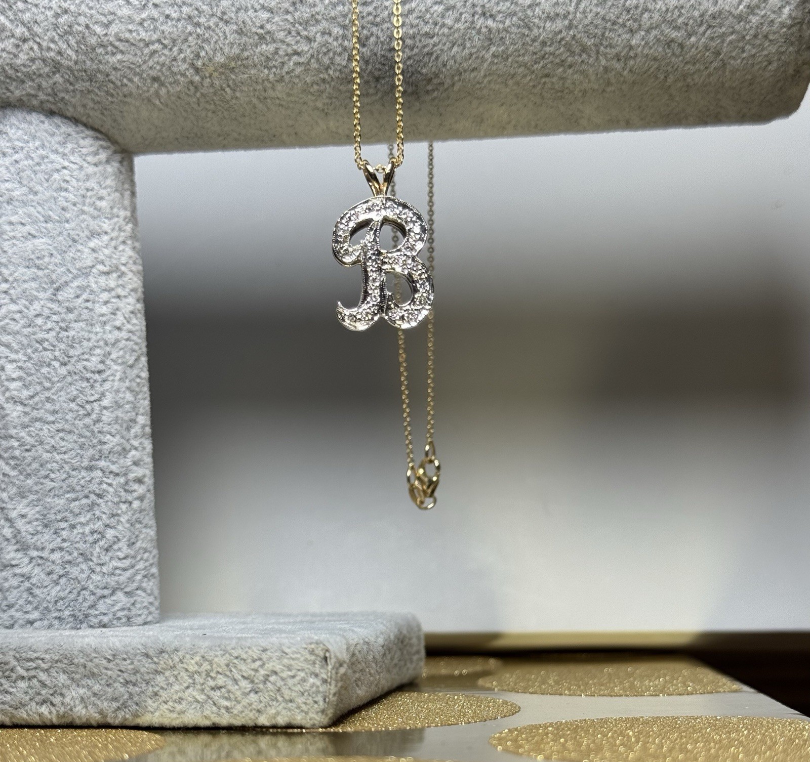 .35CT Diamond Letter B Pendant & 16” Fancy Cable Chain 14k Yellow Gold 5.2 Grams