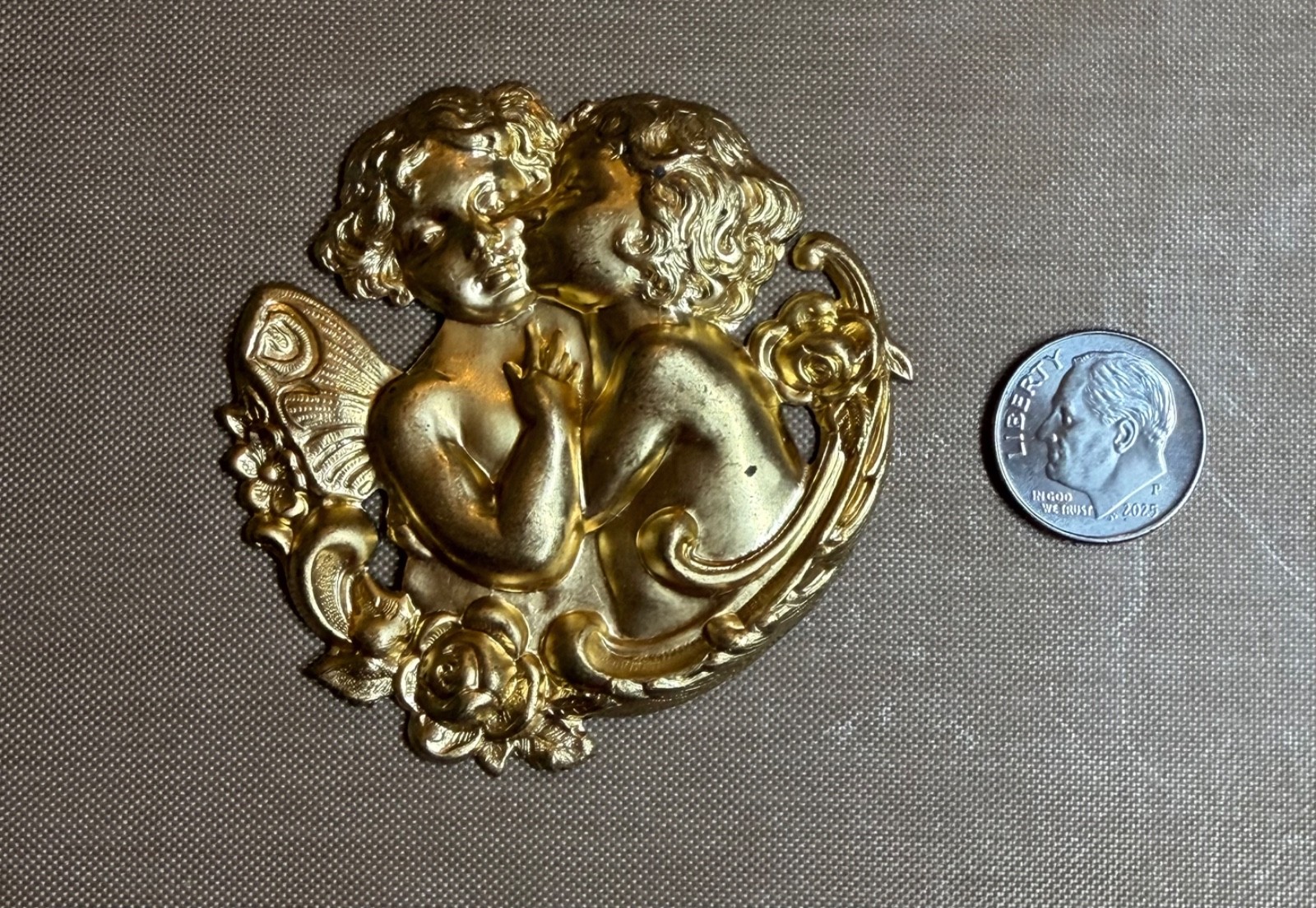Large Vintage Brass Cherub Butterfly Wing Stamping 56mm Art Nouveau Jewelry Find