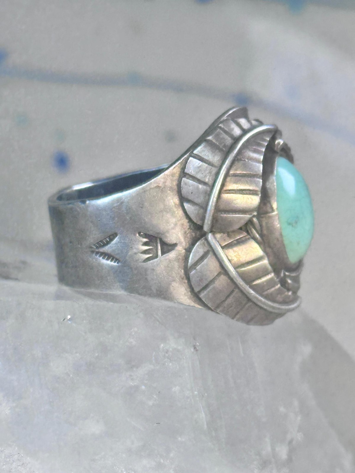 Navajo Ring Turquoise wide band leaves size 10.7 southwest sterling silver women