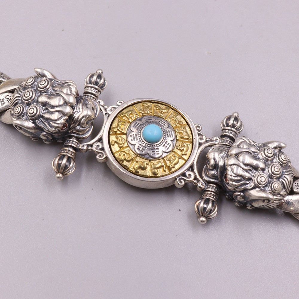 Pure S925 Sterling Silver Chain 27mm Double Pixiu Curb Bracelet 60-61g 7.9inch