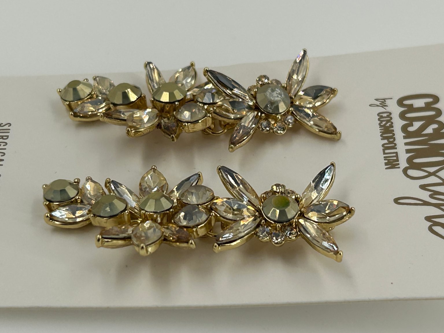 CosmoStyle Floral Drop Earrings 2.25in Gold Tone Clear Crystals