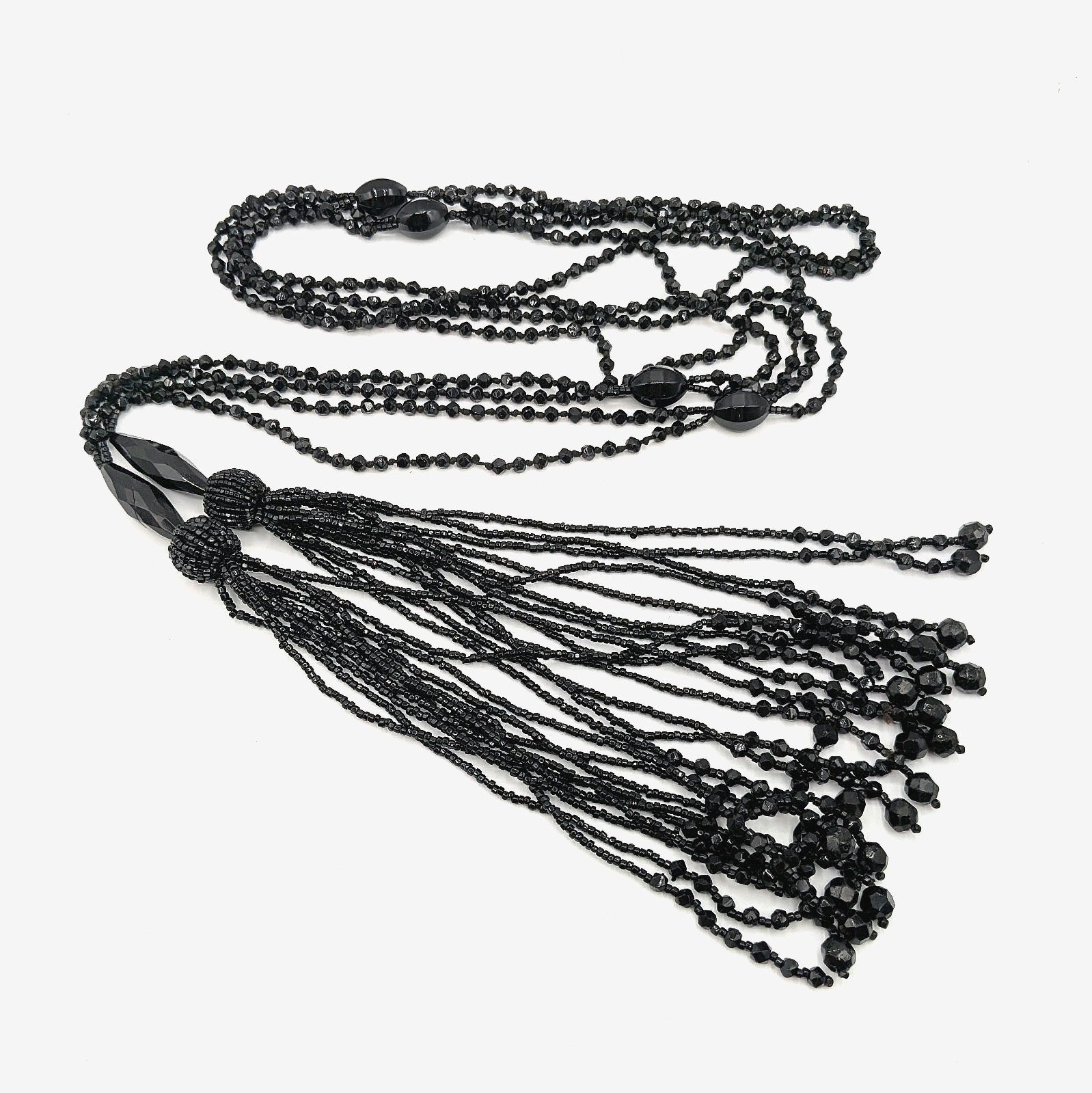 Antique Art Deco French Jet Black Glass Sautoir Open End Tassel Flapper Necklace