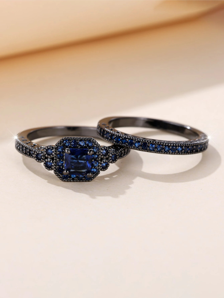 Vintage Black Blue CZ Wedding Engagement Ring Set Bridal Women Fashion Jewelry