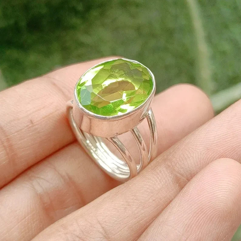 Genuine Green Peridot 925 Sterling Silver Simple Design Handmade Ring, All Size