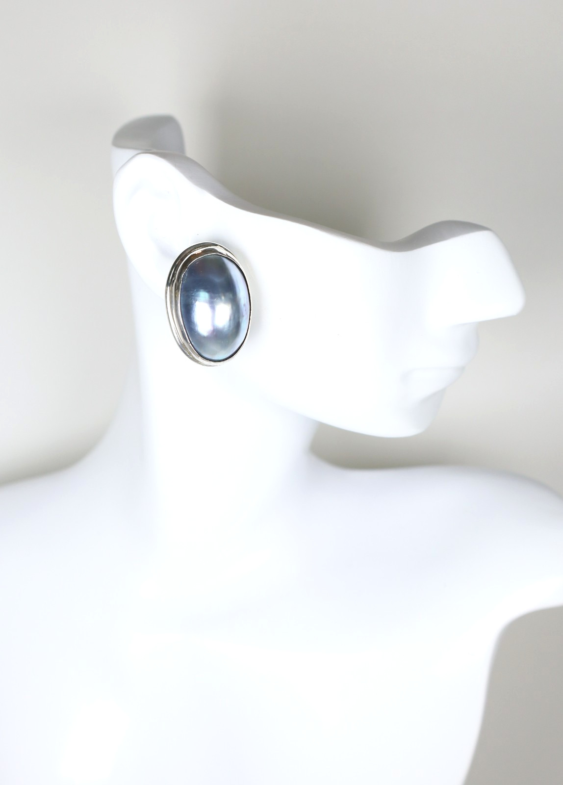 Vintage Blue Mabe Pearl 925 Sterling Silver Stud Post Earrings Large Oval Shape