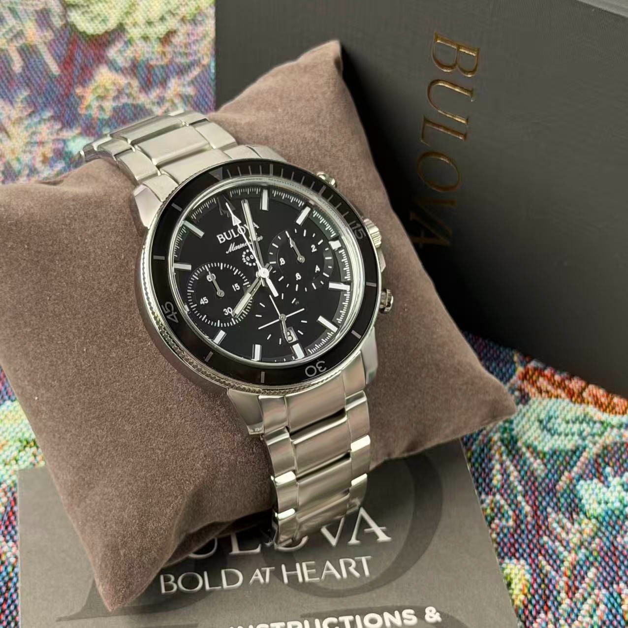 New Bulova Marine Star 96B272 Black Dial Men’s Chronograph Quartz Watch 45mm