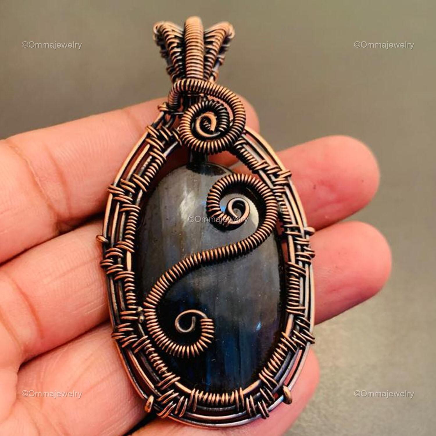 Oval Labradorite Gemstone Copper Anniversary Handmade Wire Wrap Pendant Jewelry