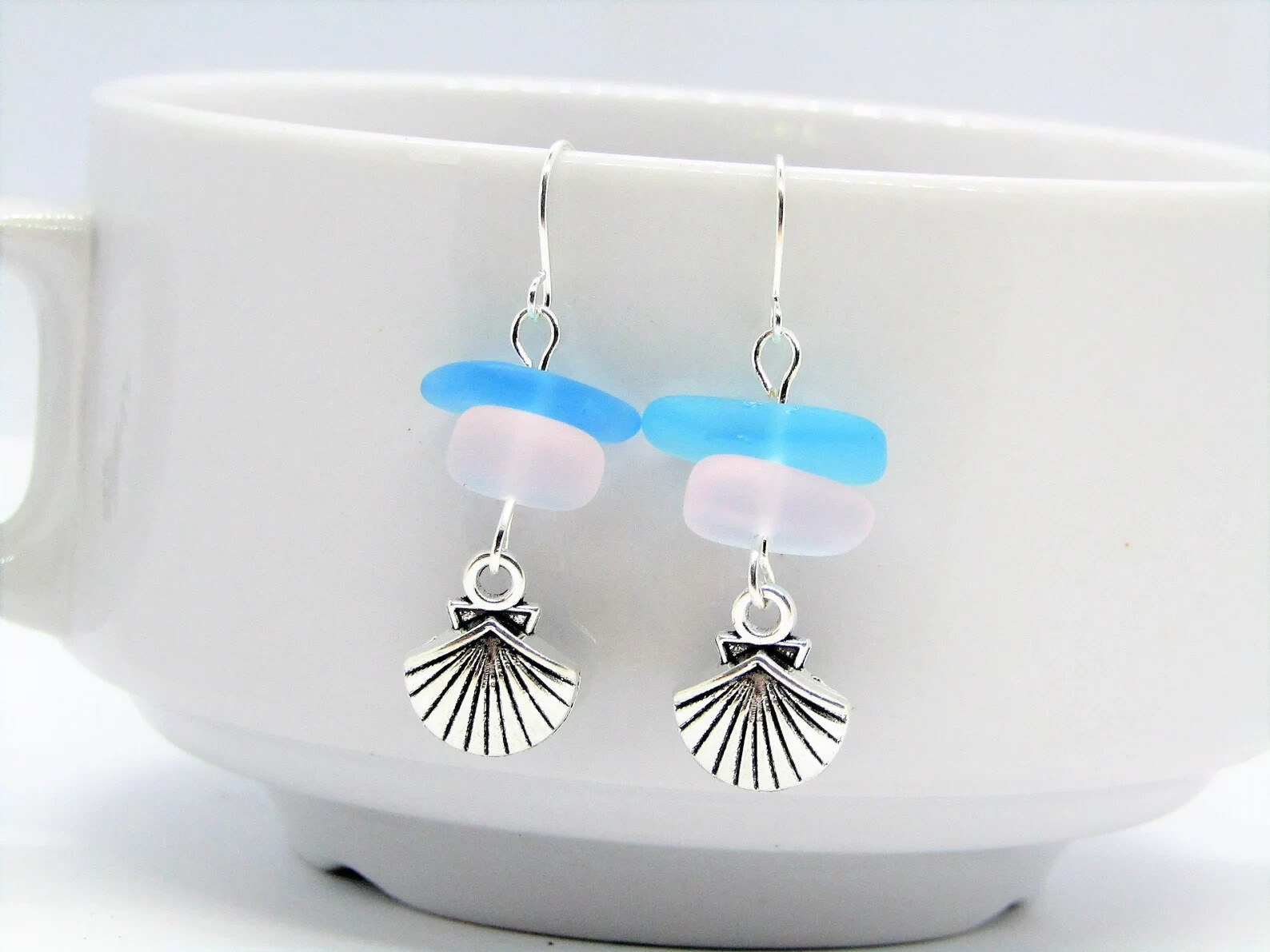 Frosted Pink & Blue Sea Glass Beach Stone Pebble Silver Charm SEASHELL Earrings