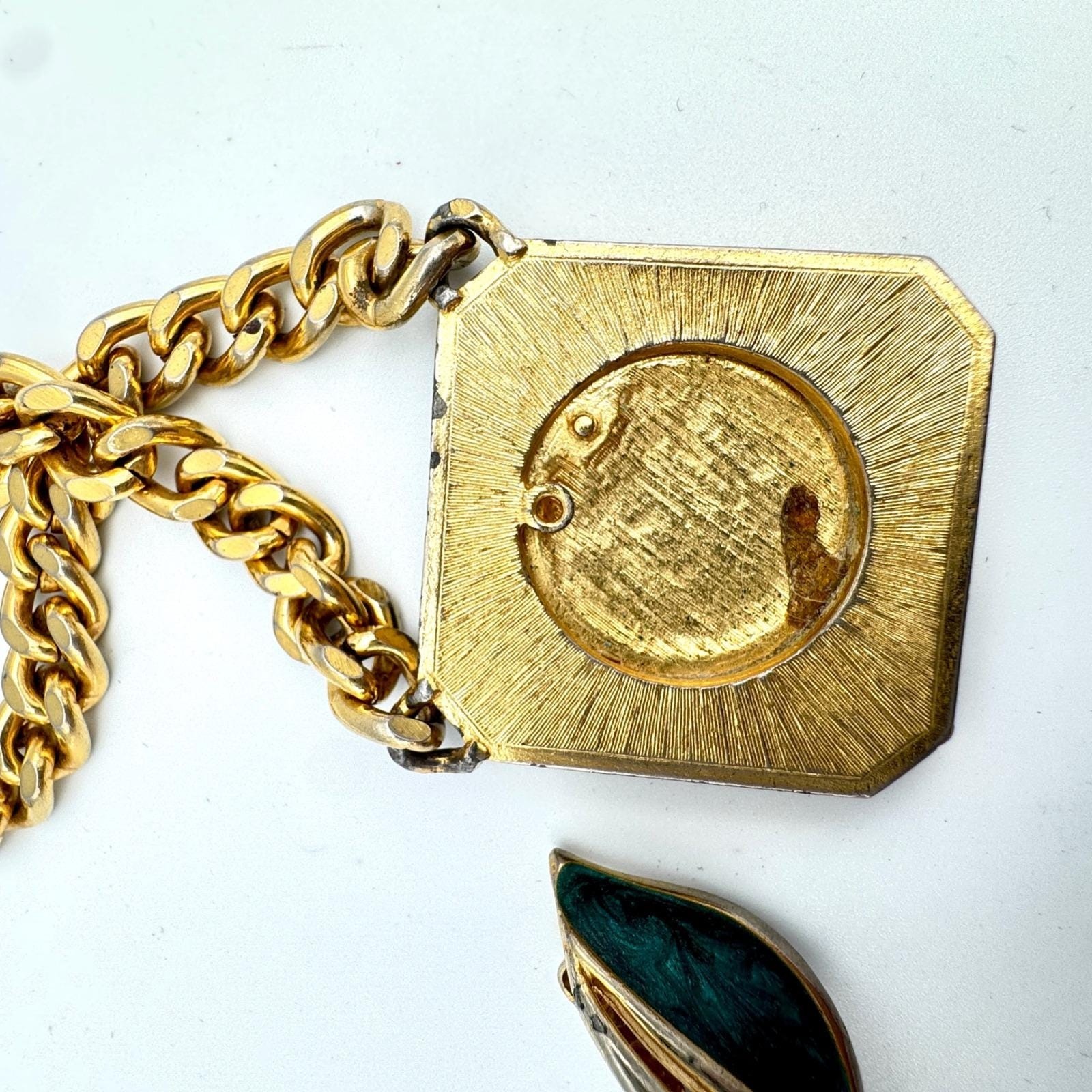 Gold Tone Roman Coin Medallion Necklace Earrings Set Enamel Heavy Curb Chain 93g