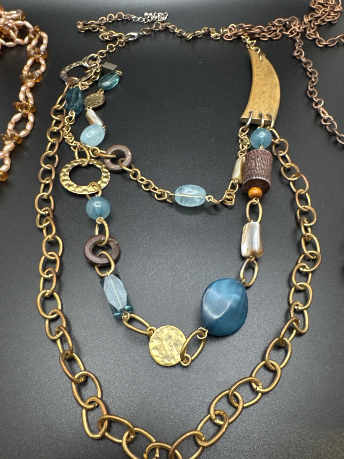 Boho Boutique Copper Mixed Media Necklace Lot Blue Beads Layered Statement 4 Pc