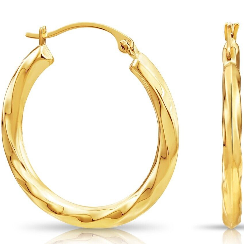 14K Real Solid Yellow Gold Twisted Round Creole Medium Hoops Earrings 2MM x 22MM