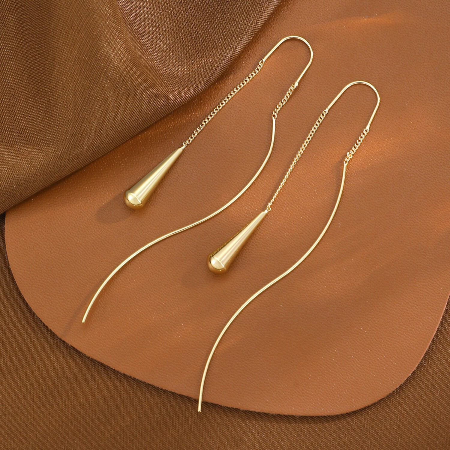 Women Silver Gold Wave Tassel Teardrop Threader Drop Chain Earrings Ear Wire S12