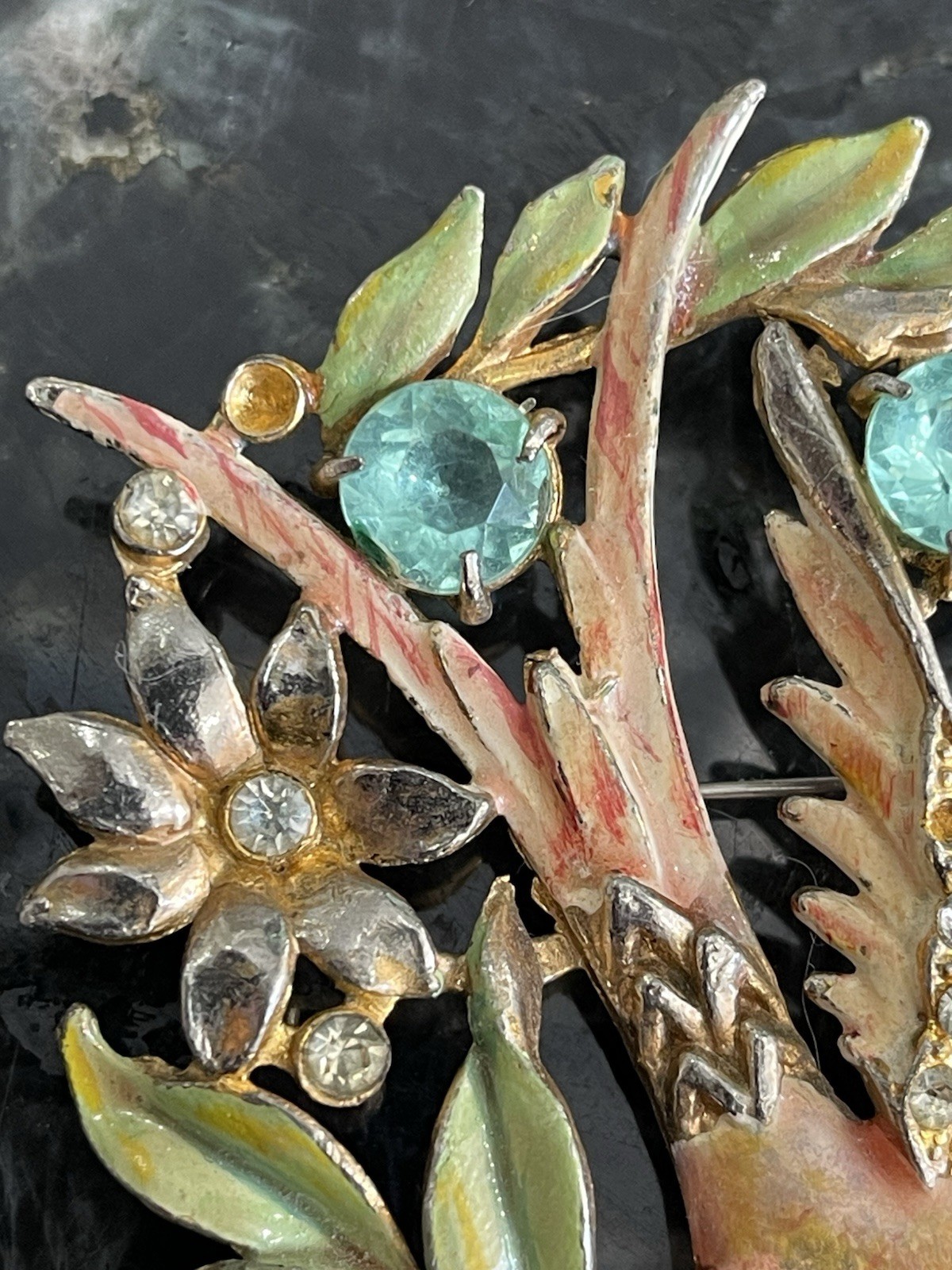 1940s Bird Of Paradise Eden Brooch Pot Metal Enamel Rhinestone Missing 3 Stones