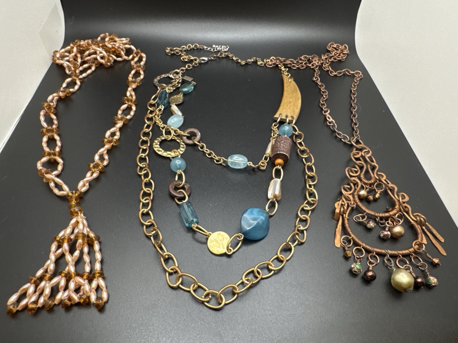 Boho Boutique Copper Mixed Media Necklace Lot Blue Beads Layered Statement 4 Pc