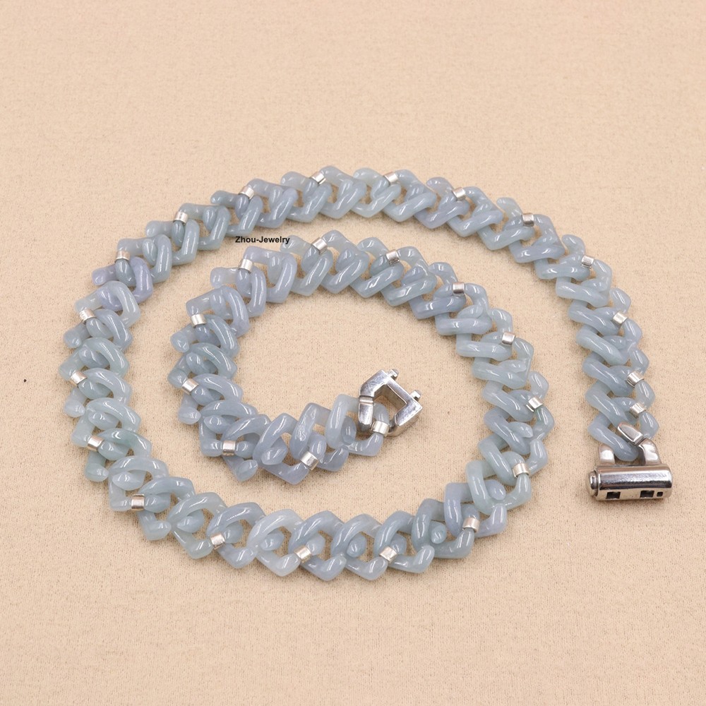 Natural Blue Water Jadeite Cuban Link Chain Necklace -Authentic Gemstone Jewelry