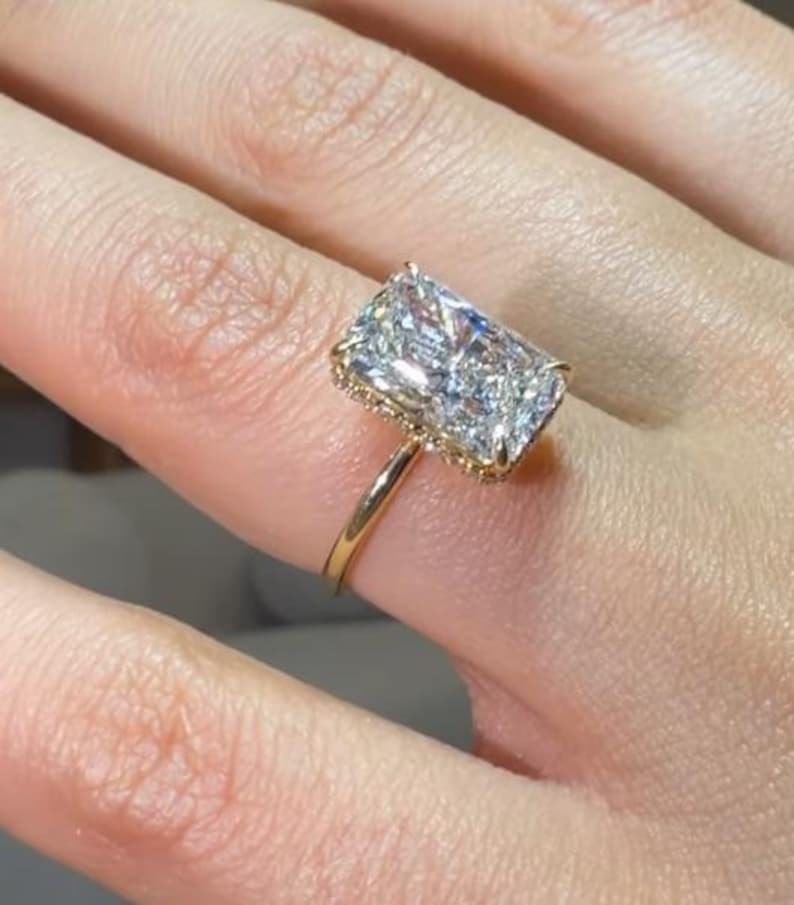 2.0 CT Radiant Cut Moissanite Prong Set 14K Gold Hidden Halo Engagement Ring