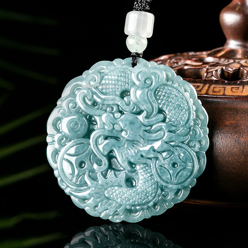 Natural Grade A Jade Jadeite Blue Water Women’s Men Round Ziodiac Dragon Pendant