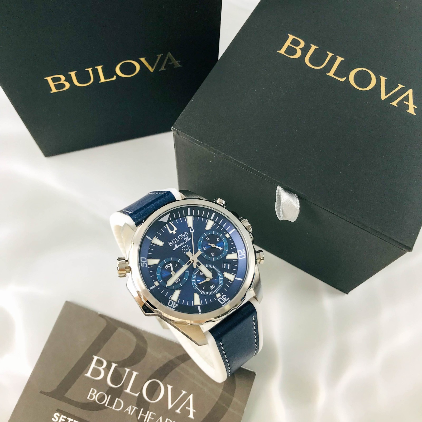 Bulova Marine Star 96B287 Blue Dial Chrono Silicone Strap Mens Quartz Watch 43mm