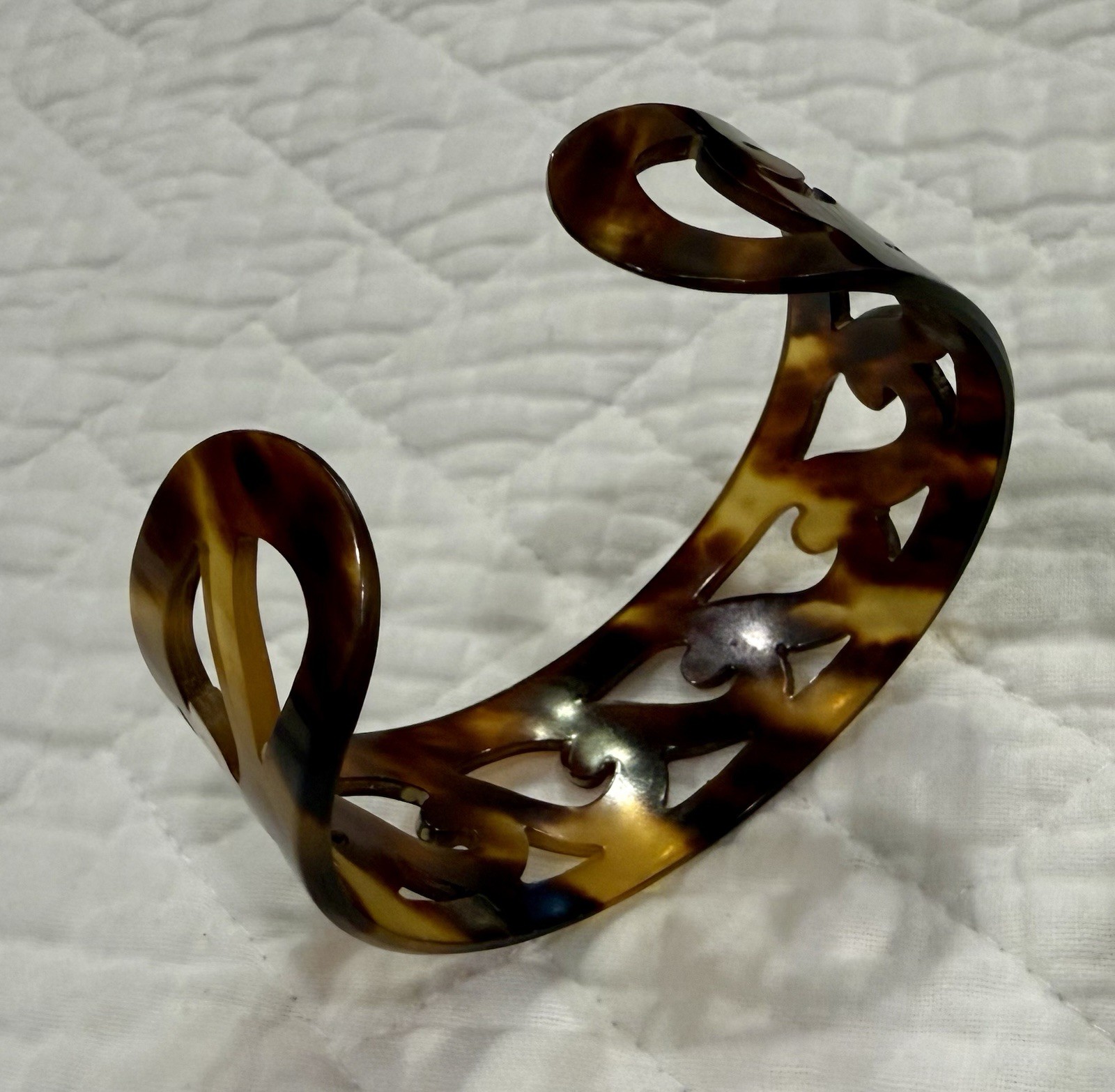 1970’s Faux Brown Shell Cuff Bracelet Carved Design 7.25” Whimsical Boho Cuff