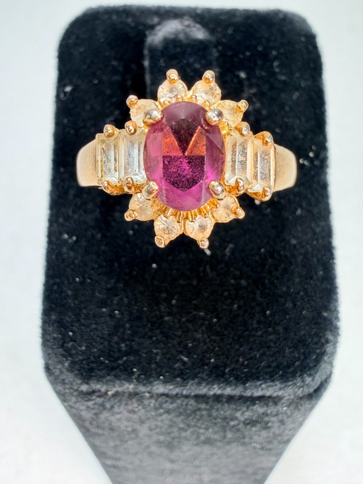 Vintage 14K GE Taiwan Ruby Red CZ Cocktail Ring Baguette Halo Estate Jewelry