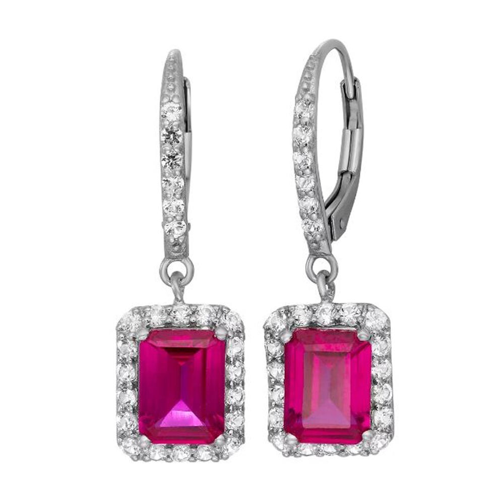 2.00CT Simulated Ruby & Diamond Halo Drop/Dangle Leveback Earrings 925 Silver