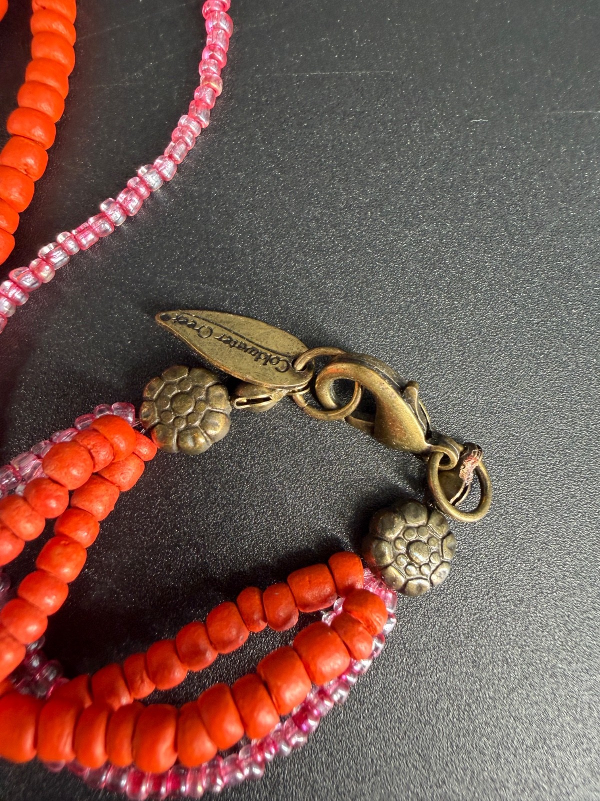 Coldwater Creek Orange Dyed Shell Pendant Seed Bead Necklace 29″